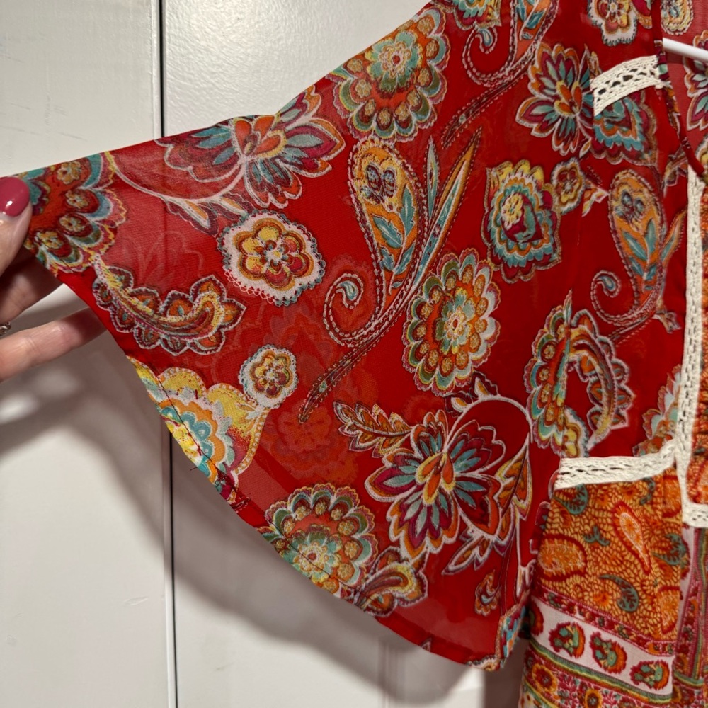 new directions Orange Paisley Lace-Trim Peasant Blouse 03-0116 - Picture 3 of 8